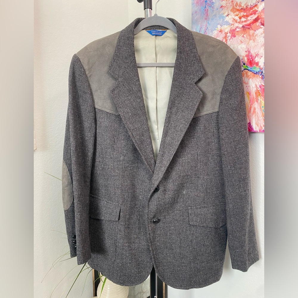 Vintage 80s Pendleton Gray Herringbone Wool Suede Western Blazer Sport Coat